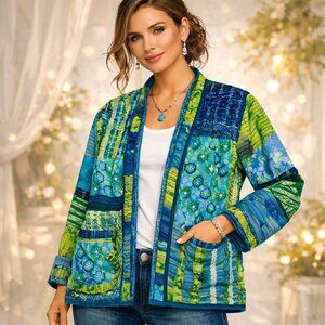 Yak Magik Quilted Patchwork Open Front Jacket Blue Green